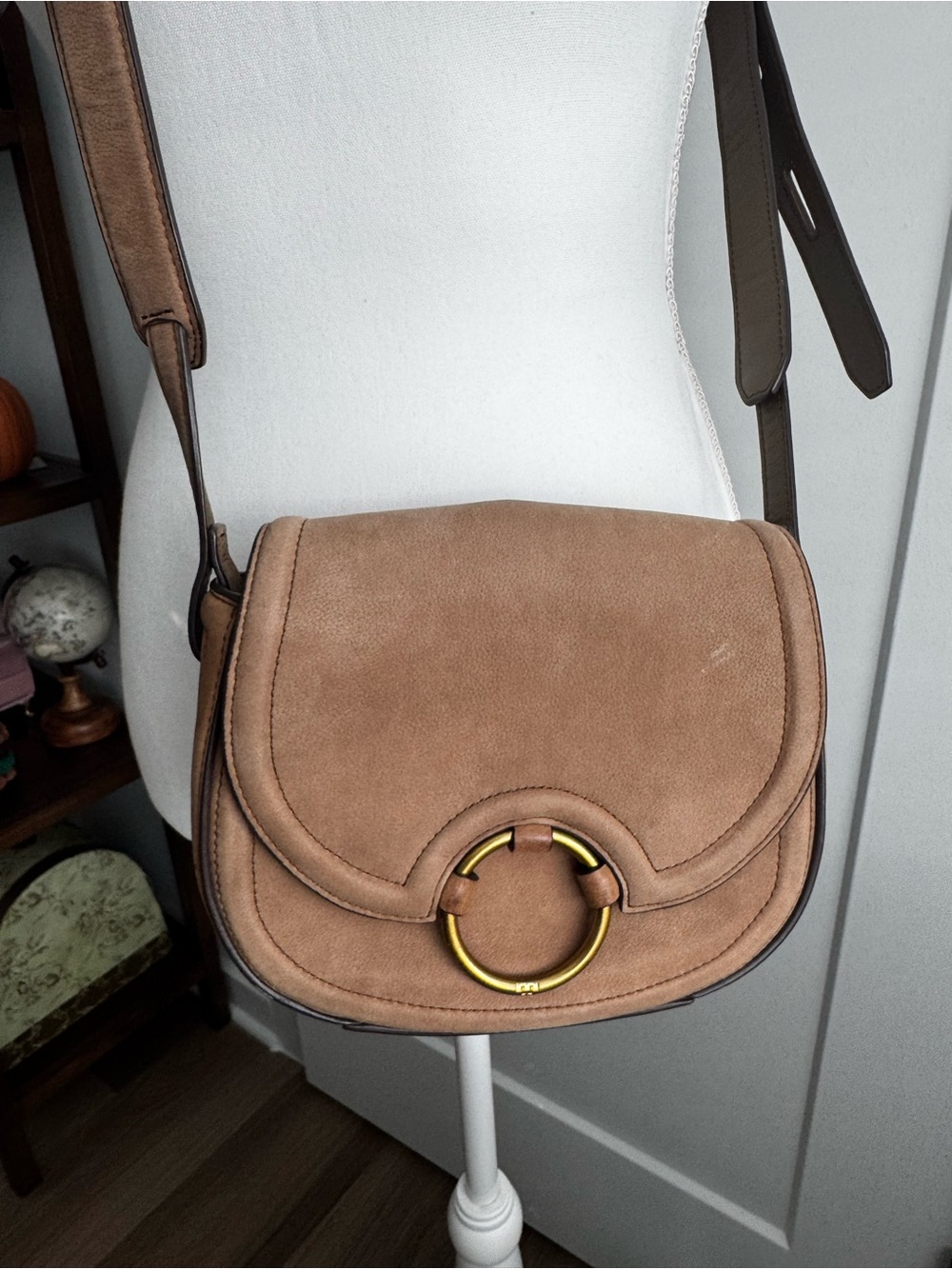 Tory Burch Tan Suede Saddle Crossbody with Gold Ring